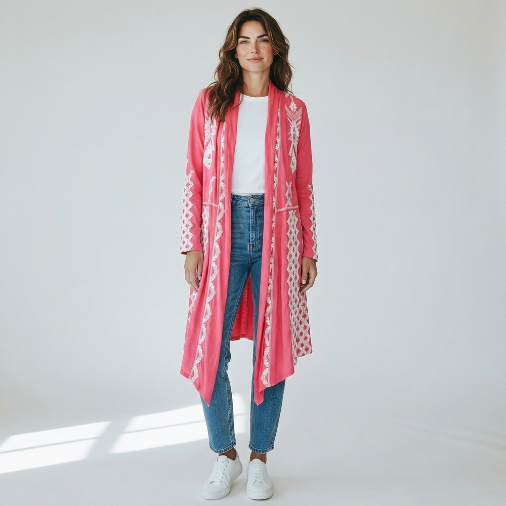 JW‎ Los Angeles Johnny Was Coral Pink Embroidered Cotton Open Front Duster XS